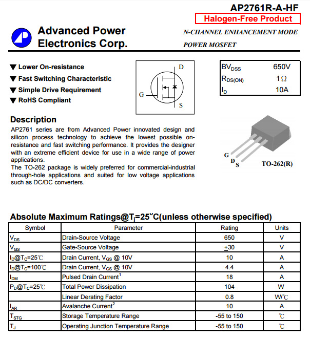 APEC AP2761R-A MOS管 TO-262(R)封裝中的N/P溝道場效應(yīng)管詳解